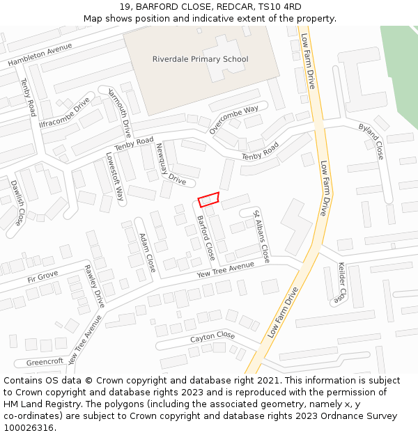 19, BARFORD CLOSE, REDCAR, TS10 4RD: Location map and indicative extent of plot