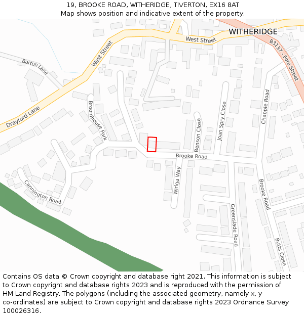 19, BROOKE ROAD, WITHERIDGE, TIVERTON, EX16 8AT: Location map and indicative extent of plot