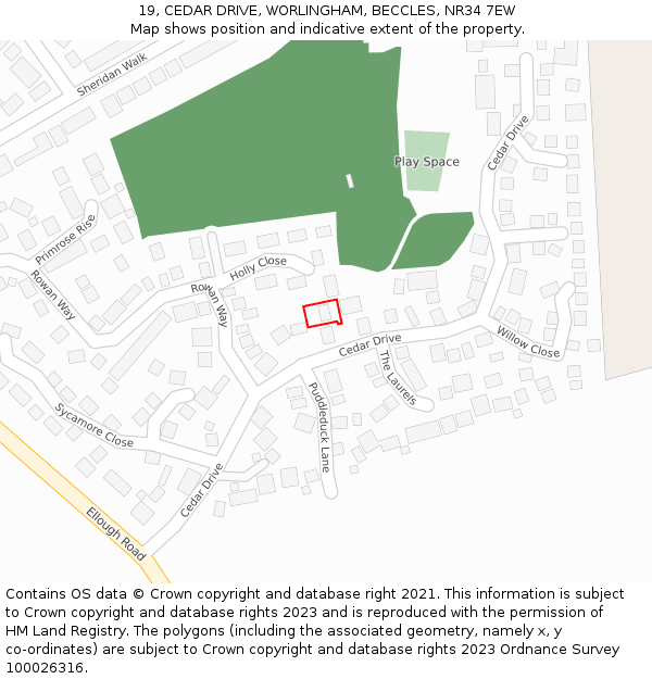 19, CEDAR DRIVE, WORLINGHAM, BECCLES, NR34 7EW: Location map and indicative extent of plot