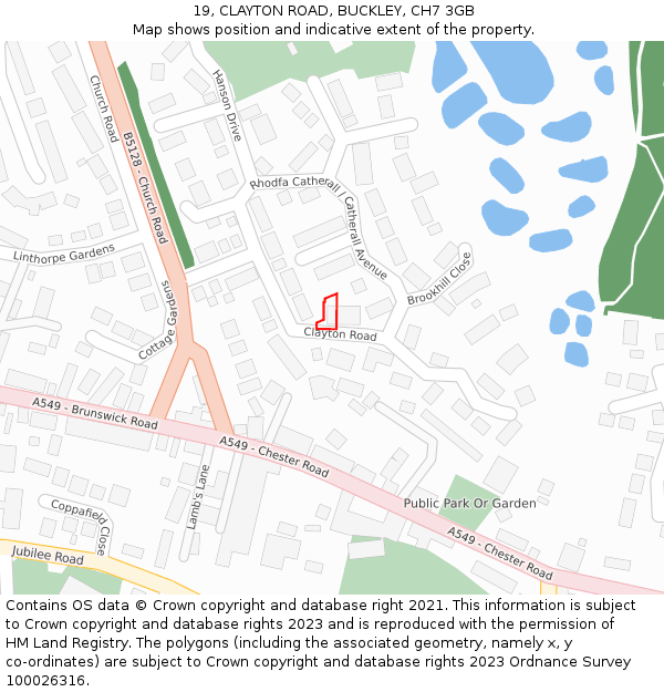 19, CLAYTON ROAD, BUCKLEY, CH7 3GB: Location map and indicative extent of plot