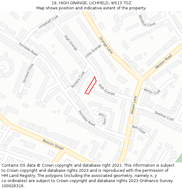 19, HIGH GRANGE, LICHFIELD, WS13 7DZ: Location map and indicative extent of plot