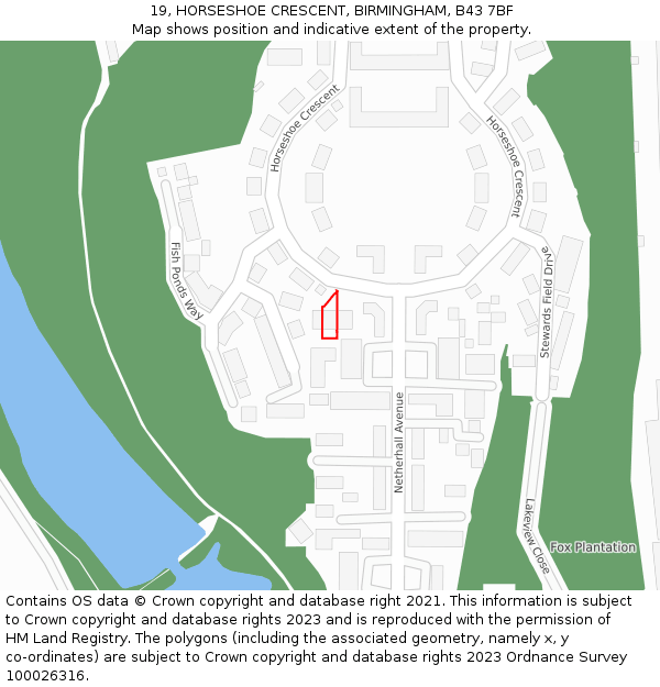 19, HORSESHOE CRESCENT, BIRMINGHAM, B43 7BF: Location map and indicative extent of plot