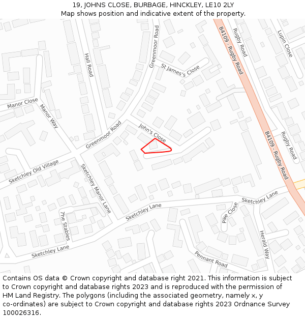 19, JOHNS CLOSE, BURBAGE, HINCKLEY, LE10 2LY: Location map and indicative extent of plot