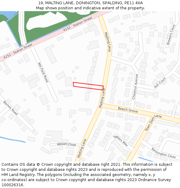 19, MALTING LANE, DONINGTON, SPALDING, PE11 4XA: Location map and indicative extent of plot