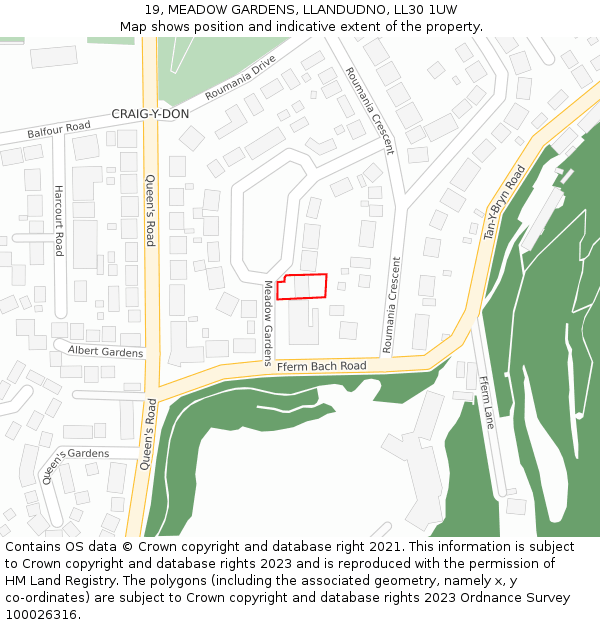 19, MEADOW GARDENS, LLANDUDNO, LL30 1UW: Location map and indicative extent of plot