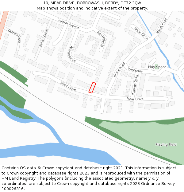 19, MEAR DRIVE, BORROWASH, DERBY, DE72 3QW: Location map and indicative extent of plot