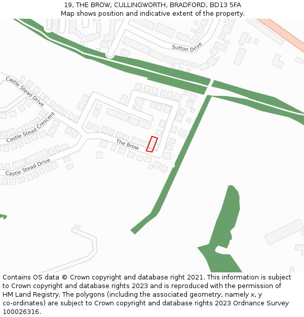 19, THE BROW, CULLINGWORTH, BRADFORD, BD13 5FA: Location map and indicative extent of plot