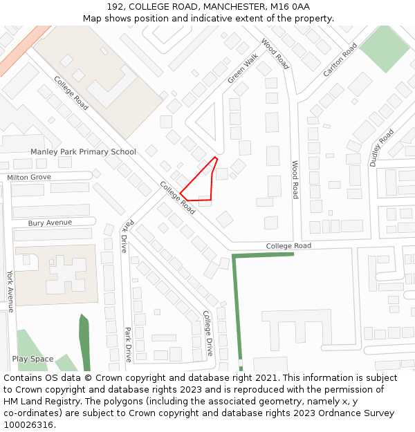 192, COLLEGE ROAD, MANCHESTER, M16 0AA: Location map and indicative extent of plot