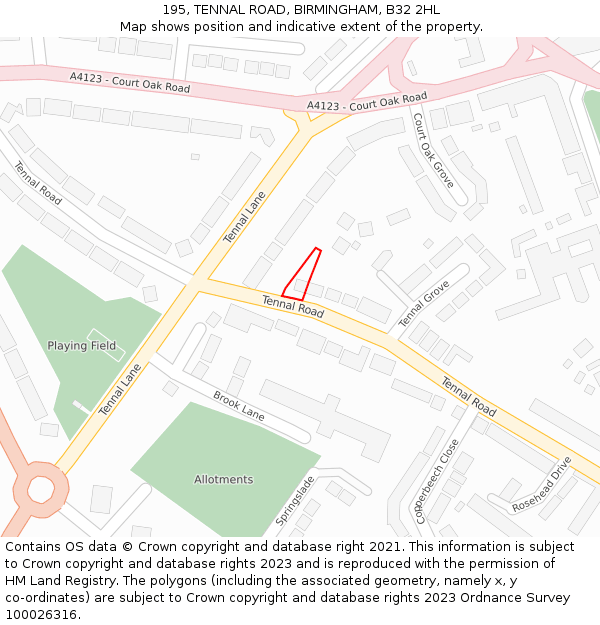 195, TENNAL ROAD, BIRMINGHAM, B32 2HL: Location map and indicative extent of plot