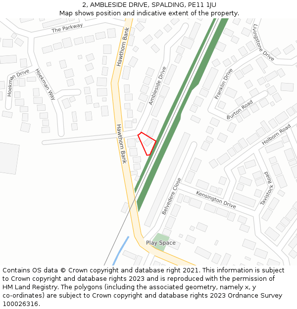 2, AMBLESIDE DRIVE, SPALDING, PE11 1JU: Location map and indicative extent of plot