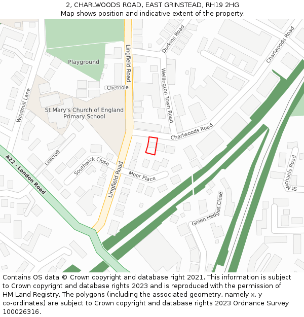 2, CHARLWOODS ROAD, EAST GRINSTEAD, RH19 2HG: Location map and indicative extent of plot