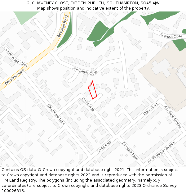 2, CHAVENEY CLOSE, DIBDEN PURLIEU, SOUTHAMPTON, SO45 4JW: Location map and indicative extent of plot