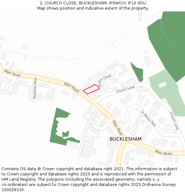 2, CHURCH CLOSE, BUCKLESHAM, IPSWICH, IP10 0DU: Location map and indicative extent of plot