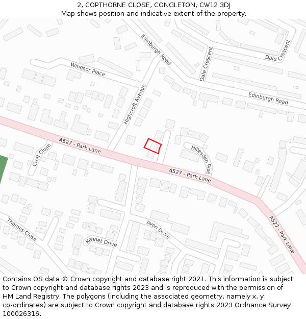 2, COPTHORNE CLOSE, CONGLETON, CW12 3DJ: Location map and indicative extent of plot