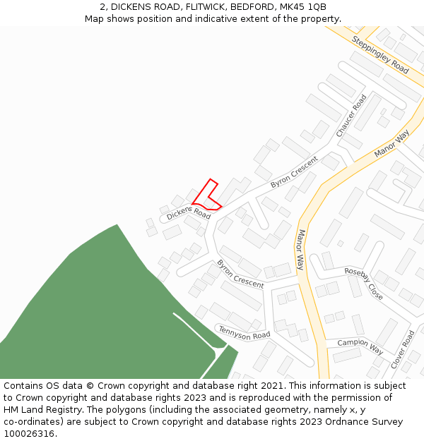 2, DICKENS ROAD, FLITWICK, BEDFORD, MK45 1QB: Location map and indicative extent of plot