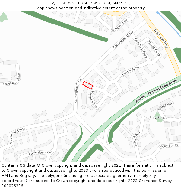 2, DOWLAIS CLOSE, SWINDON, SN25 2DJ: Location map and indicative extent of plot