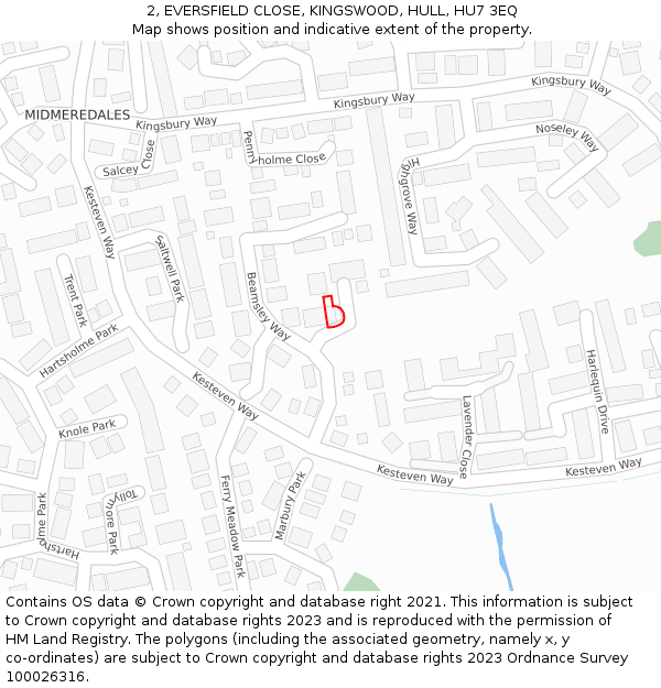 2, EVERSFIELD CLOSE, KINGSWOOD, HULL, HU7 3EQ: Location map and indicative extent of plot