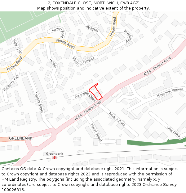 2, FOXENDALE CLOSE, NORTHWICH, CW8 4GZ: Location map and indicative extent of plot