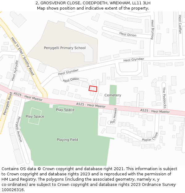 2, GROSVENOR CLOSE, COEDPOETH, WREXHAM, LL11 3LH: Location map and indicative extent of plot