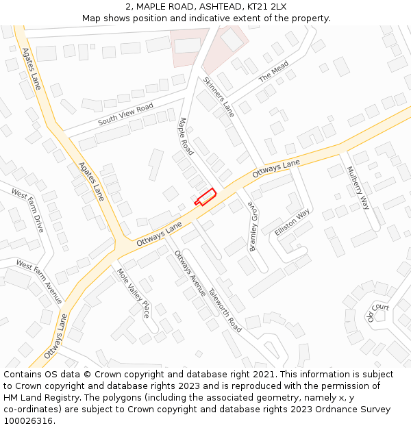 2, MAPLE ROAD, ASHTEAD, KT21 2LX: Location map and indicative extent of plot