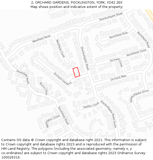 2, ORCHARD GARDENS, POCKLINGTON, YORK, YO42 2EX: Location map and indicative extent of plot