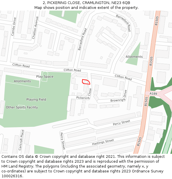 2, PICKERING CLOSE, CRAMLINGTON, NE23 6QB: Location map and indicative extent of plot