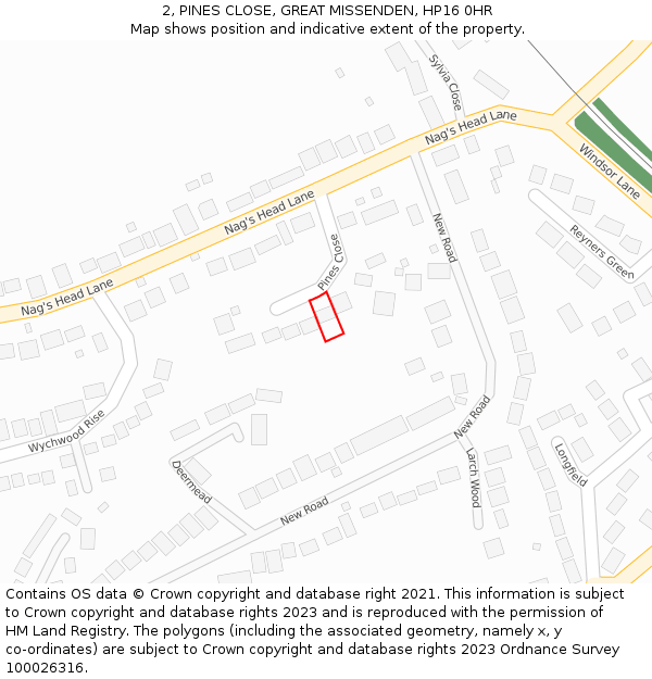 2, PINES CLOSE, GREAT MISSENDEN, HP16 0HR: Location map and indicative extent of plot