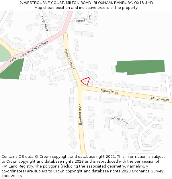 2, WESTBOURNE COURT, MILTON ROAD, BLOXHAM, BANBURY, OX15 4HD: Location map and indicative extent of plot