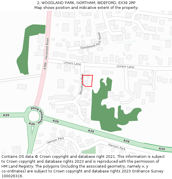 2, WOODLAND PARK, NORTHAM, BIDEFORD, EX39 2RP: Location map and indicative extent of plot