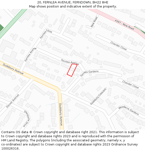 20, FERNLEA AVENUE, FERNDOWN, BH22 8HE: Location map and indicative extent of plot