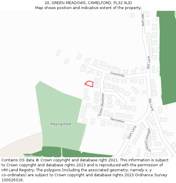 20, GREEN MEADOWS, CAMELFORD, PL32 9UD: Location map and indicative extent of plot