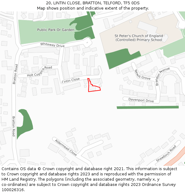 20, LINTIN CLOSE, BRATTON, TELFORD, TF5 0DS: Location map and indicative extent of plot