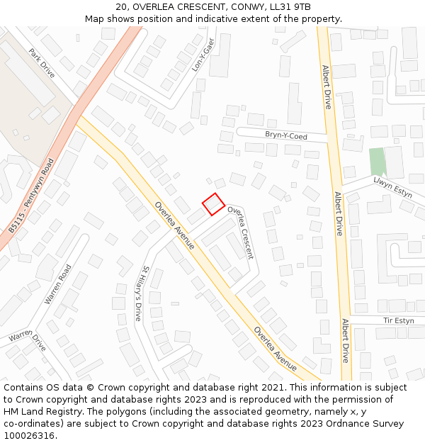 20, OVERLEA CRESCENT, CONWY, LL31 9TB: Location map and indicative extent of plot