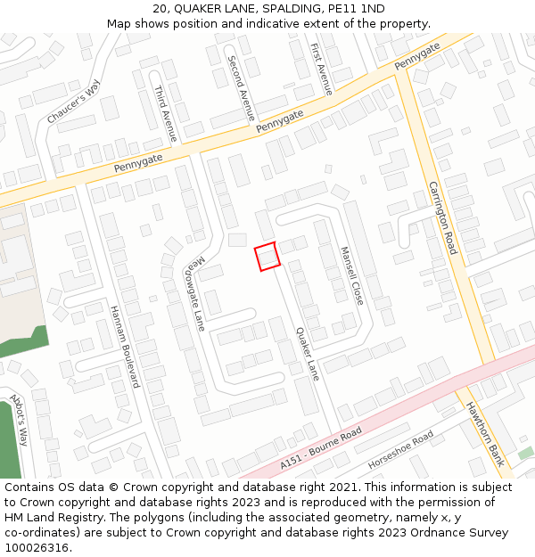 20, QUAKER LANE, SPALDING, PE11 1ND: Location map and indicative extent of plot