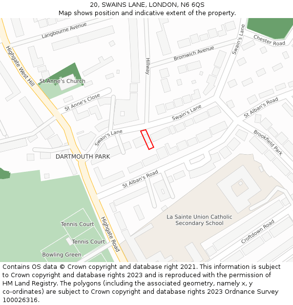 20, SWAINS LANE, LONDON, N6 6QS: Location map and indicative extent of plot