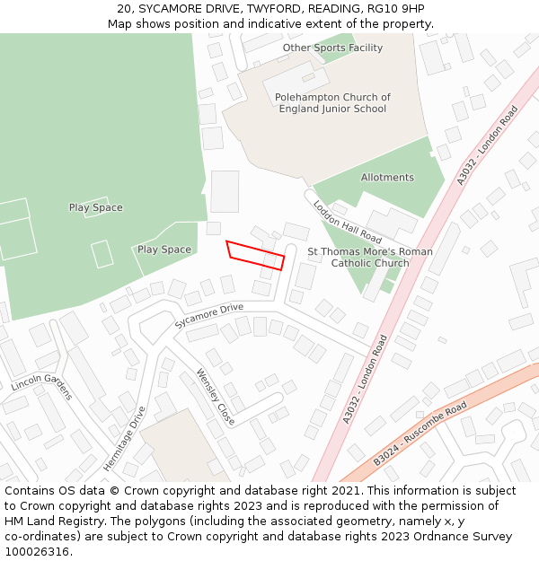 20, SYCAMORE DRIVE, TWYFORD, READING, RG10 9HP: Location map and indicative extent of plot