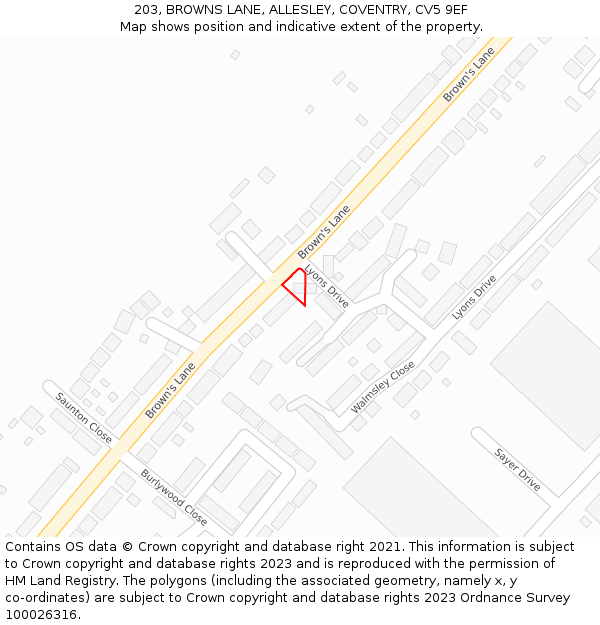 203, BROWNS LANE, ALLESLEY, COVENTRY, CV5 9EF: Location map and indicative extent of plot