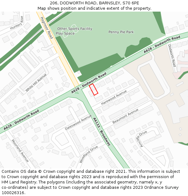 206, DODWORTH ROAD, BARNSLEY, S70 6PE: Location map and indicative extent of plot