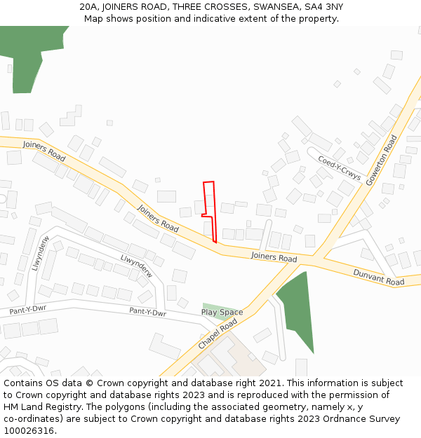 20A, JOINERS ROAD, THREE CROSSES, SWANSEA, SA4 3NY: Location map and indicative extent of plot