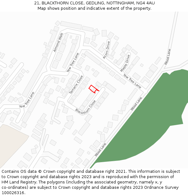 21, BLACKTHORN CLOSE, GEDLING, NOTTINGHAM, NG4 4AU: Location map and indicative extent of plot