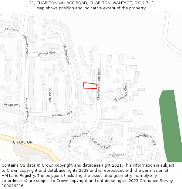 21, CHARLTON VILLAGE ROAD, CHARLTON, WANTAGE, OX12 7HE: Location map and indicative extent of plot