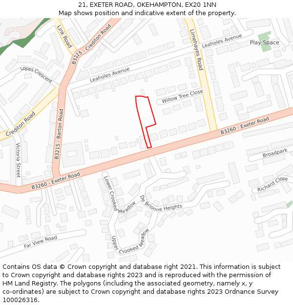 21, EXETER ROAD, OKEHAMPTON, EX20 1NN: Location map and indicative extent of plot