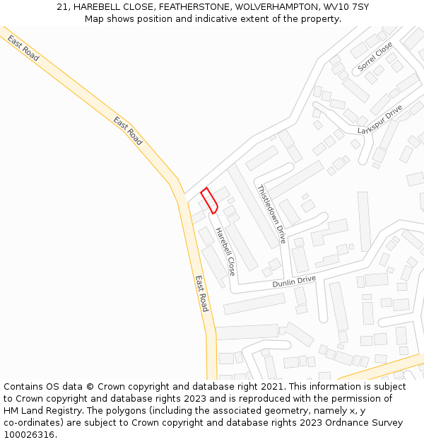 21, HAREBELL CLOSE, FEATHERSTONE, WOLVERHAMPTON, WV10 7SY: Location map and indicative extent of plot