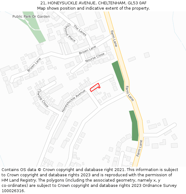 21, HONEYSUCKLE AVENUE, CHELTENHAM, GL53 0AF: Location map and indicative extent of plot