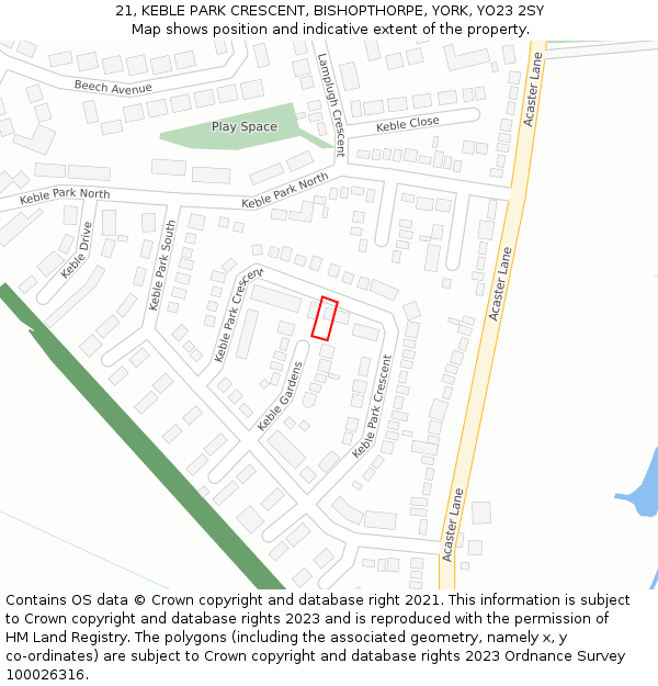 21, KEBLE PARK CRESCENT, BISHOPTHORPE, YORK, YO23 2SY: Location map and indicative extent of plot