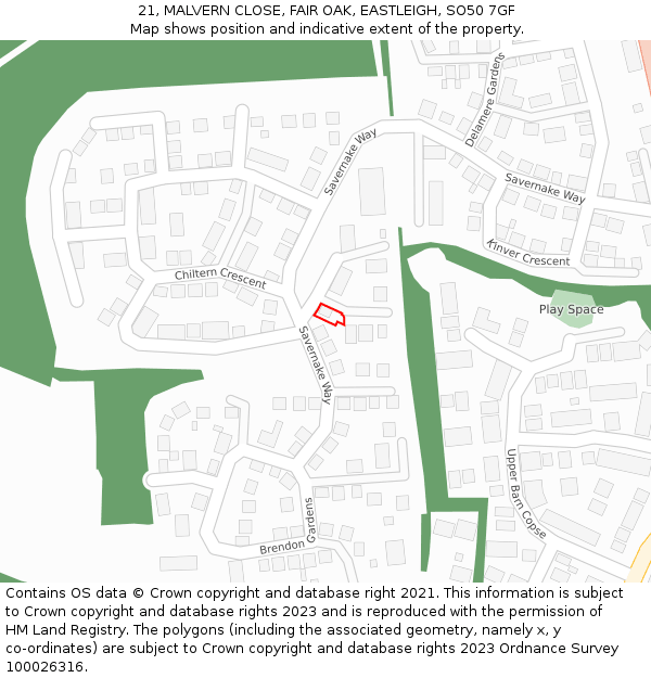 21, MALVERN CLOSE, FAIR OAK, EASTLEIGH, SO50 7GF: Location map and indicative extent of plot