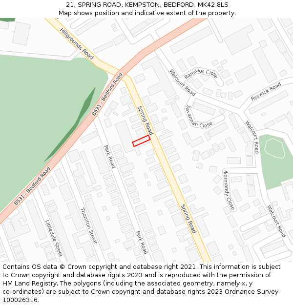 21, SPRING ROAD, KEMPSTON, BEDFORD, MK42 8LS: Location map and indicative extent of plot