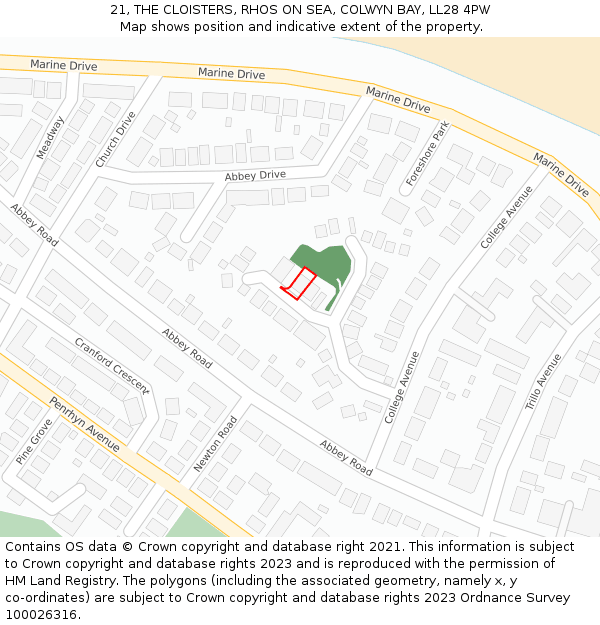 21, THE CLOISTERS, RHOS ON SEA, COLWYN BAY, LL28 4PW: Location map and indicative extent of plot