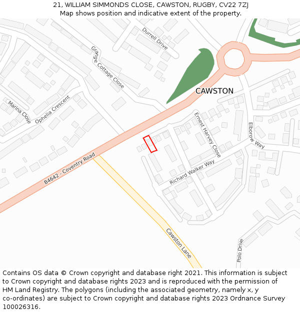 21, WILLIAM SIMMONDS CLOSE, CAWSTON, RUGBY, CV22 7ZJ: Location map and indicative extent of plot