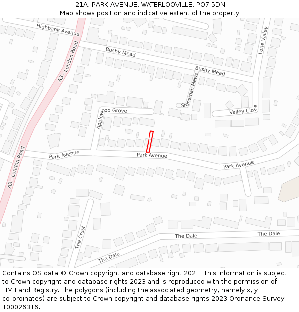 21A, PARK AVENUE, WATERLOOVILLE, PO7 5DN: Location map and indicative extent of plot